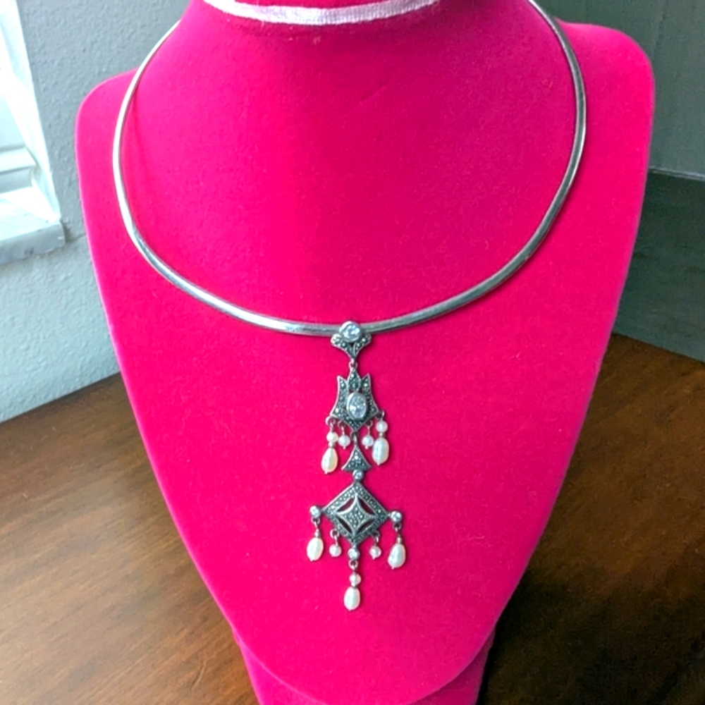 Antique Edwardian Sterling Silver and Marcasite Lavaliere And CHOKER